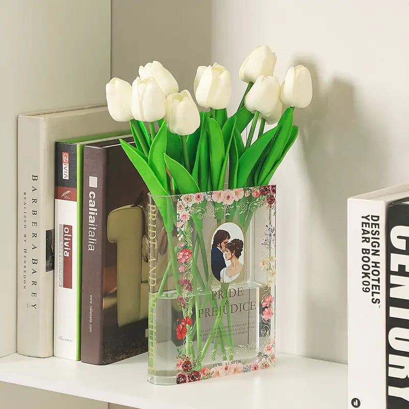 book vase filled with tulips on a bookshelf with other books