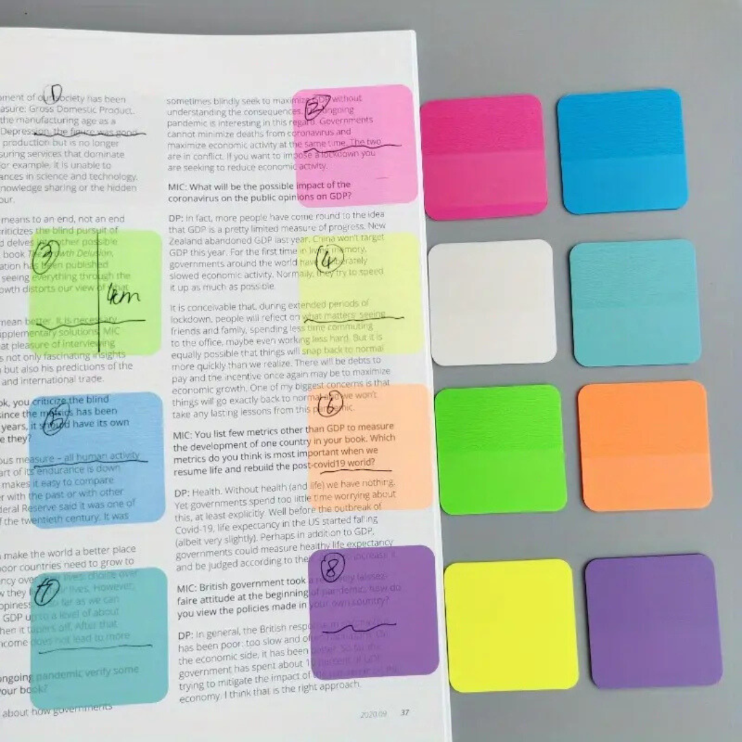 Colorful sticky notes on a book page with text