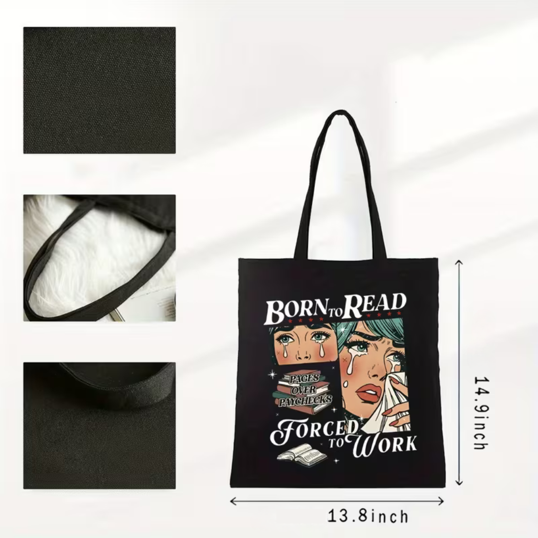 Black tote bag dimensions and zoomed in images of material