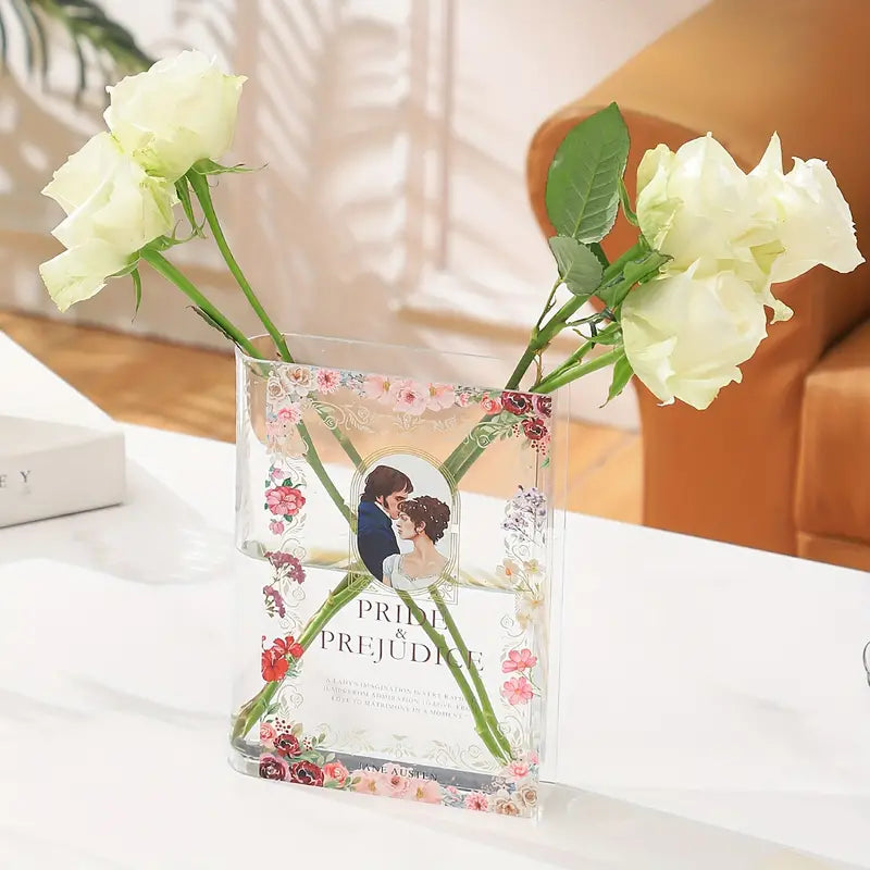 book vase with roses and water inside sitting on a coffee table