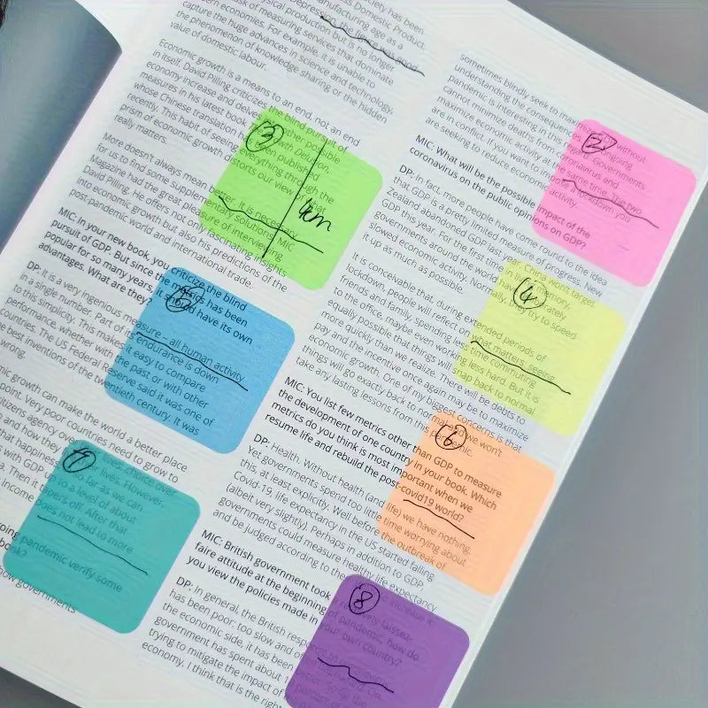 transparent sticky notes being used on a page of a notebook with writing on the sticky notes