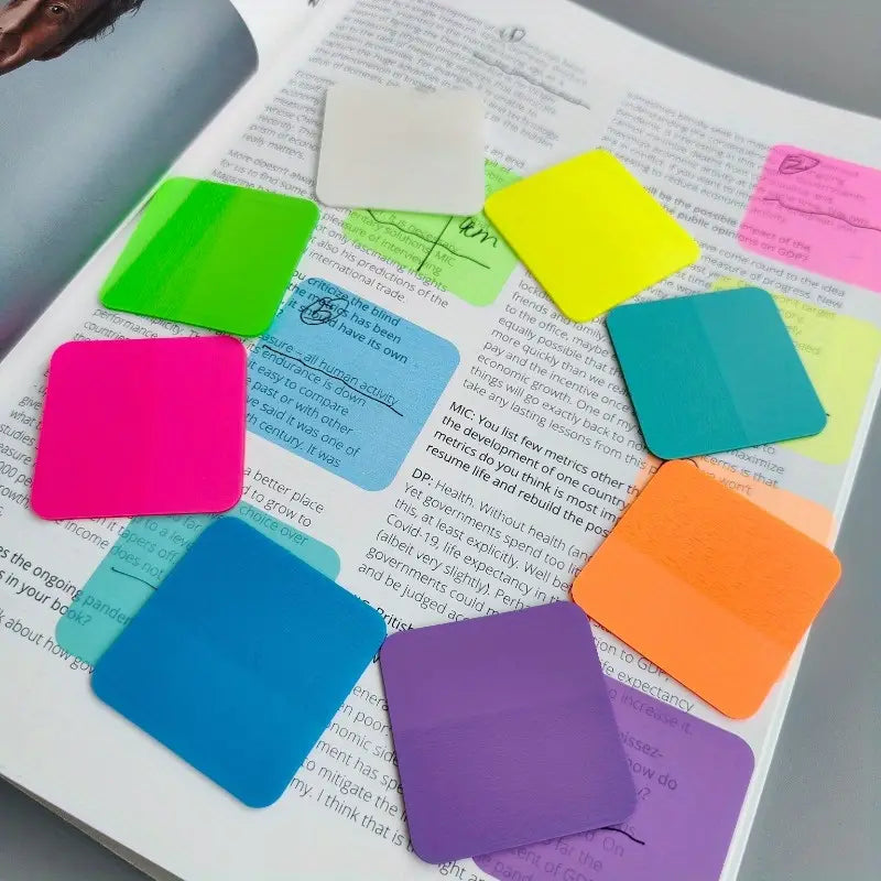 sticky notes spread across a textbook to show off multiple colors